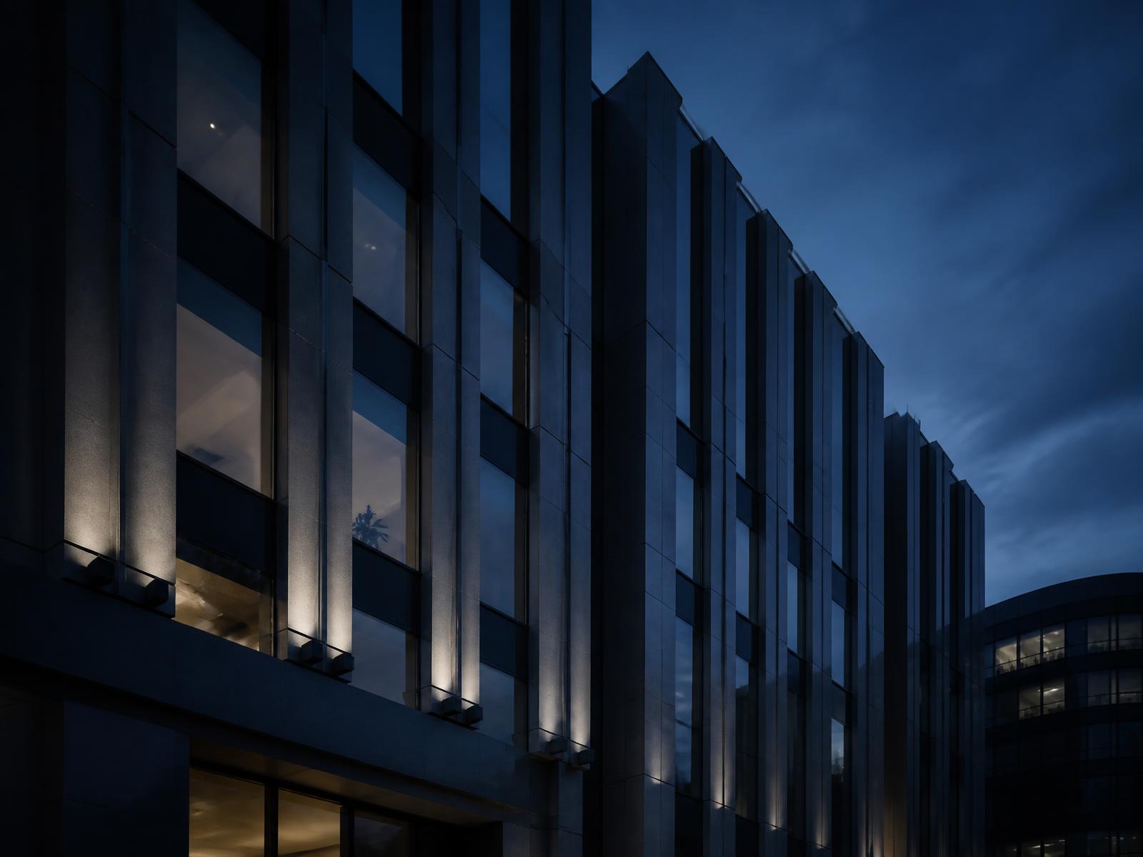 Corporate building facade at dusk